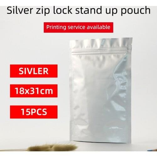 18x31cm 15pcs stand up pouch with zipper silver aluminum foil zip lock bag resealable tea coffee food packaging bag