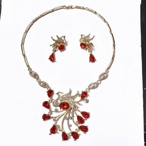 African Fashion Bridal Wedding peacock Jewelry Water Drop Crystal Jewelry Necklace And earrings Sets Accessories