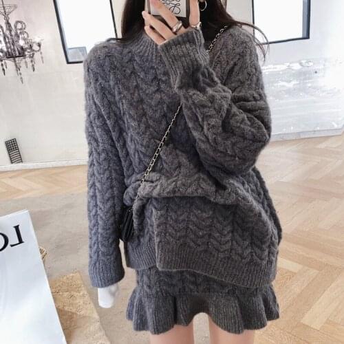 Mini Skirt Suits Korean Style Elegant 2 Piece Set Autumn Winter Sweater Suits Two Piece Set Women Knitted Pullover & High Waist