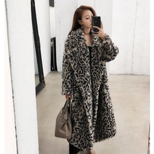 Fall Winter Woolen Womens Trench Coat Faux Fur Particles Lambswool Leopard Print Loose Thick Long Overcoat Mujer Abrigos y1131