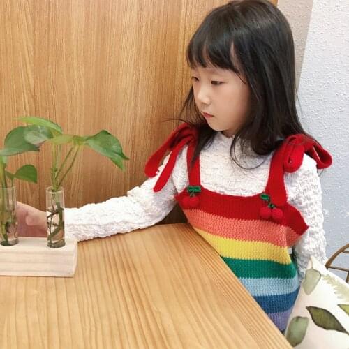 Autumn New Kids Knitted Vests Korean Rainbow Baby Girls Cute Sling Knitting Waistcoat Baby Clothing Fashion Lacing Vest for Girl