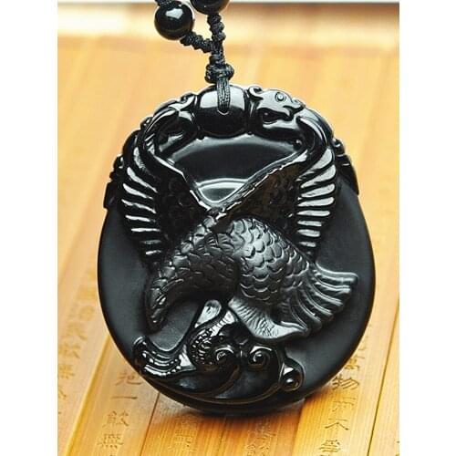 Black Obsidian Eagle Necklace Pendant Hand Carved Eagle Black Jewel Lucky Amulet