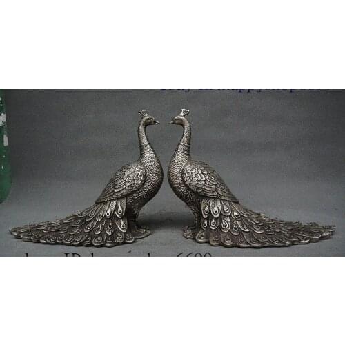 11" China Silver Fengshui Wealth Bird peacock peafowl a bird of Juno Statue Pair