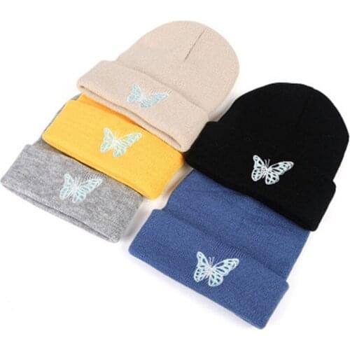 2020 New Fashion Autumn Casual Black Beanies Hats For Women Men Butterfly Embroidery Winter Cap Warm Knitted Hip Hop Beanie Hat