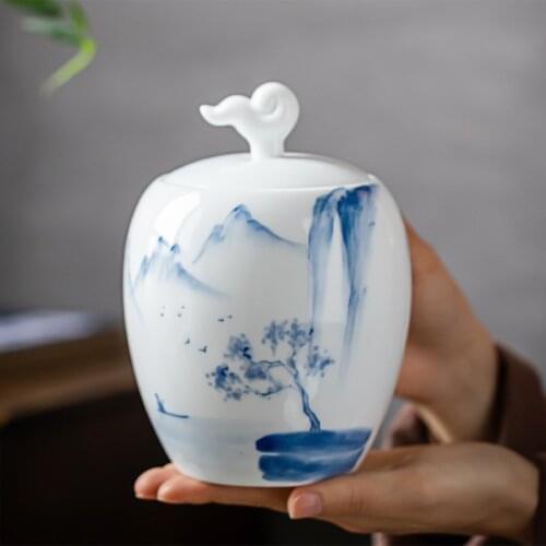 White Porcelain Tea Jar Landscape Painting Ceramic Tea Candy Storage Jar White Porcelain Airtight Jar Storage Home Decoration