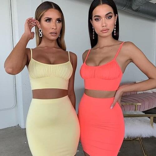 BKLD 2019 New Arrrivals Women Fashion Pink Two Piece Outfits Set Spaghetti Strap Crop Tops+Bodycon Mini Skirt Suit Matching Sets