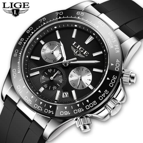 LIGE Luxury Brand Men Casual Quartz Watch Silicone Strap Military Chronograph Men 30M Waterproof Wristwatch Relogio Masculino