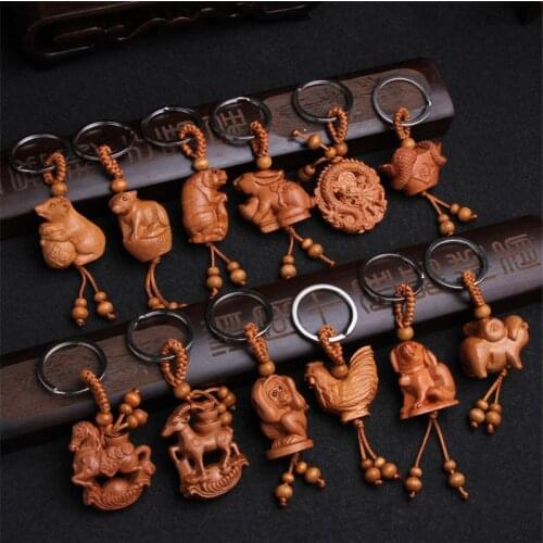 Ethnic Mascot Mahogany Chinese 12 Zodiac Keychain Engraving Wood Car Key Ring Creative Animal Horse Dragon Snake Dog Key Chain