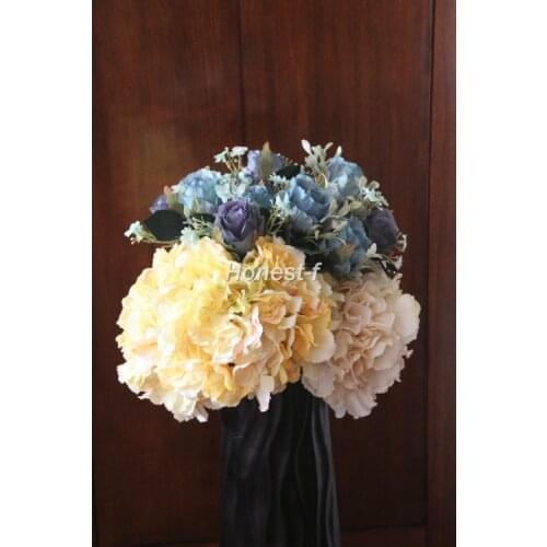 Artificial Hydrangea and Rose Silk Flowers Bounquet Mixed Arrangement, Home Hotel Room Wedding Decoration(White,Yellow,Blue)