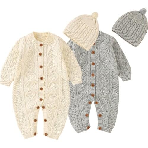 Infant Baby Girls Boys Knitting Long Sleeve Jumpsuit Overall Korean Style Spring Autumn Toddler Baby Girl Knitting Romper+Hat