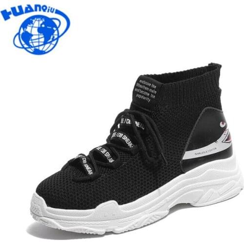 HUANQIU High Top Men Women Sneakers 5 CM Thick Sole Sock Shoes Knit Vamp Breathable White Black Sapato Feminino wyq43