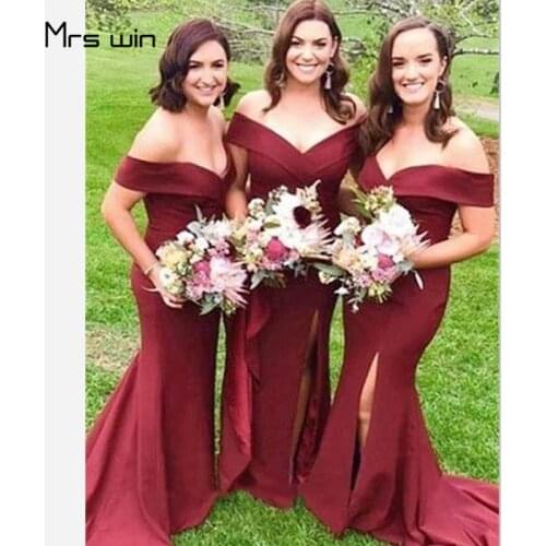 Mrs win Bridesmaid Dresses Burgundy Boat Neck Off Shoulder Wedding Guest Dresses HR285 For Girls Mermaid Long Vestido Madrinha