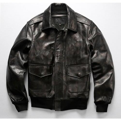 Mens A2 Pilot Jackets Genuine Leather Short Air Force Soft Cowhide Black Bomber Jacket for Male Vintage Classic Simple Coats