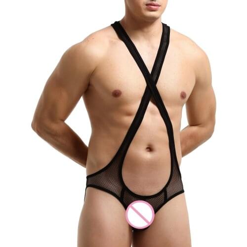 Men Halter Crisscross Front Wrestling Singlet Bodysuit Cutout Bulge Pouch Jockstrap Panties See-through Fishnet Sexy Underwear