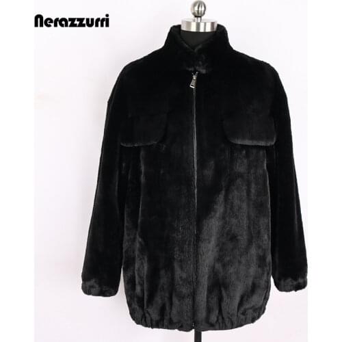 Nerazzurri Black Warm Soft Faux Fur Coat with Stand Collar Zipper Fluffy Bomber Jackets for Women 2021 Winter Korean Clothes