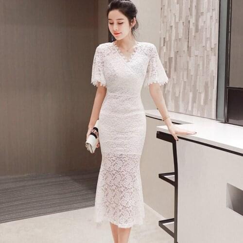 2021 Summer New Ladies' Sexy V-neck Lace Slim Mid Length Dress White Dress