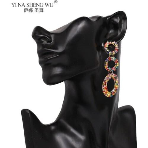 Wholesale Fashion Punk Round Colorful Crystals Long Dangle Drop Earrings Fine Jewelry Accessories For Women Christmas Party Gift