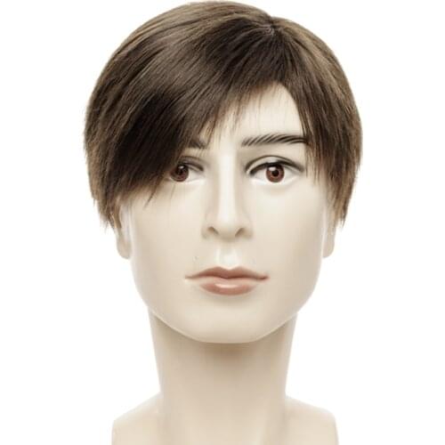 6 Inch Straight Synthetic Male Wig Dark Brown Color Short Wigs for Men with Side Bangs Heat Resistant Fiber