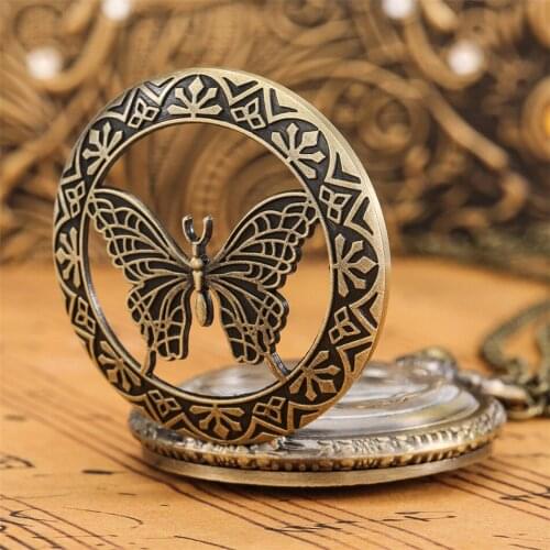 Hollow Bronze Butterfly Quartz Pocket Watch Sweater Chain Necklace Pendant Antique Clock Gifts Men Women