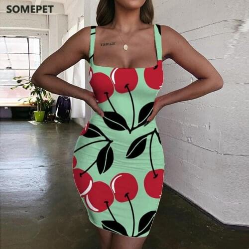 SOMEPET Fruit Dress Women Cherry Sundress Harajuku Halter Sleeveless Novel Bodycon Dress Womens Clothing Mini Evening Vintage