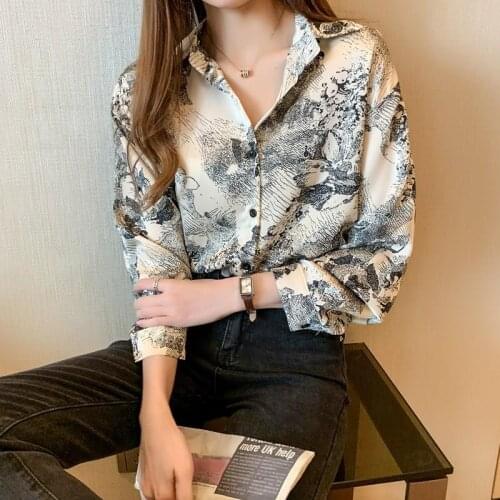 XEJ Ink Style Chiffon Blouse for Women Spring 2021 Womens Clothing Tops for Women Korean Fashion Elegant Blouse Shirt Female