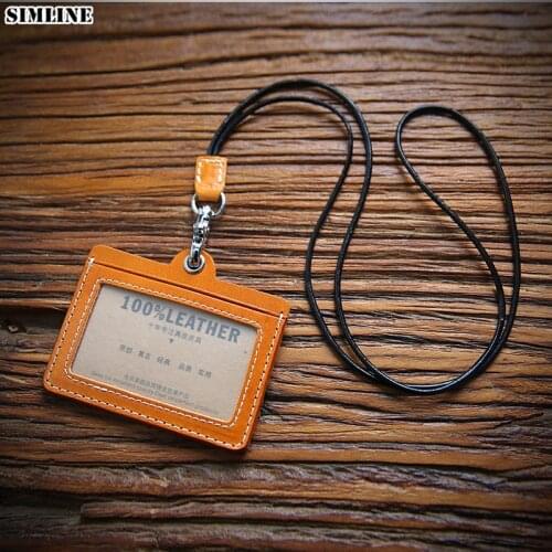 SIMLINE Genuine Leather Card Holder Vintage Handmade Employee ID Bus Card Name Card Cover Tag Work Badge Case With Neck Lanyard