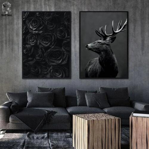 Scandinavian Black White Poster Nordic Canvas Wall Art Print Elk Painting Decorative Picture Flower Rose Home Decoration