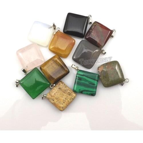 Mixed Lot Square Real Natural Stone Pendants For Necklace DIY 24pcs/lot Wholesale