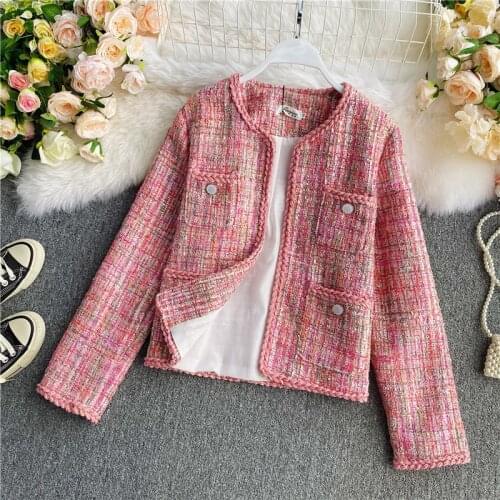 French retro high-quality tweed jacket Womens buttonless cardigan small fragrant wind jacket Womens short fashion Ladies Tops