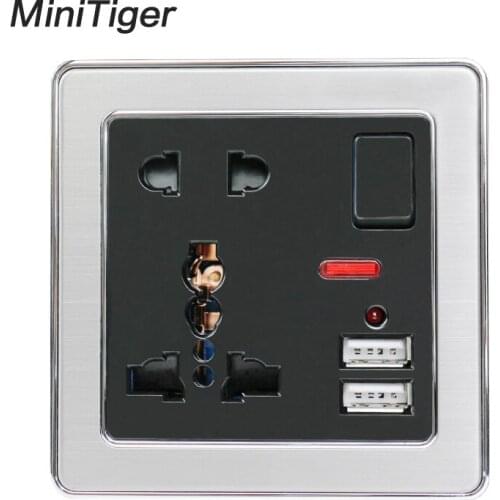 13A Universal 5 Hole Switched Wall Socket With Neon 2.1A Dual USB Charger Port LED indicator Black Stainless Steel Frame