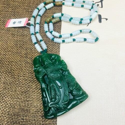 Zheru Jewelry Pure Natural Jasper Carving Station Guan Gong Pendant Three-color jadeite jade necklace Send A-level certificate