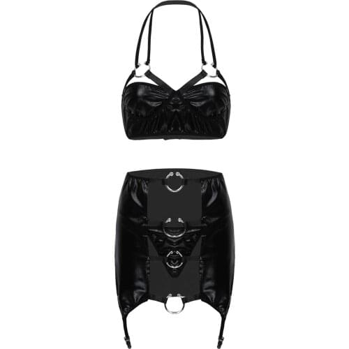 Womens Fashion Moto Sexy Clubwear Costumes Wetlook Leather Party Lingerie Exotic Set Underwired Bra Top with Thongs Panties