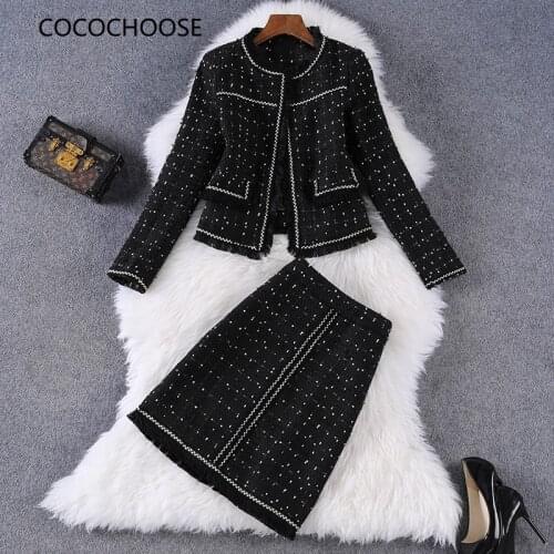 New 2021 autumn winter women elegant black dots two piece outfits round neck tassel tweed jacket and skirt suits office lady