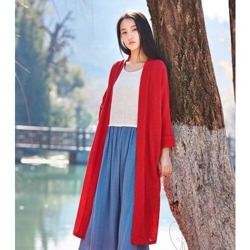 2016 Women New Spring and summer Original Retro Bamboo Linen Trench Coat Thin Solid Long Sleeved Sunscreen cardigan Overcoat