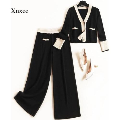 V Neck Knitted Cardigan Jacket Wide Leg Pants Suit 2021 Womens Spring New Fashion V-Neck Short Jacket Two Piece Set Outifits