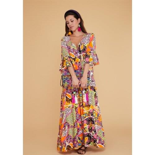 Patterned And Tasseled Beaded Long V Neck Ethnic Boho Dress For Women New Fashion 2021 Clothing With Plus Size Options Xs-5xl