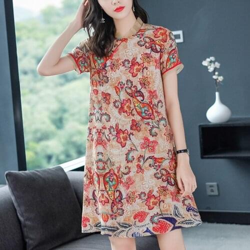Chinese Style Women Summer Dresses Elegant Mandarin Collar Short Sleeve 100% Natural Real Silk Lady A-line Floral Printed Dress