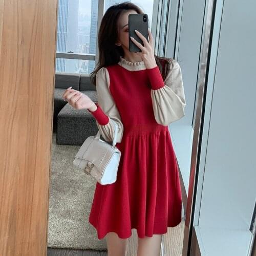 Women Korean Dress Fashion One Piece Autumn Spring 2021 New Office Lady Ruffles Knitting Full Sleeve Patchwork Solid Dresses
