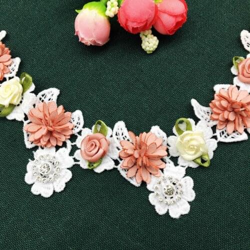 2yd 3D Diamond Rose Flower Embroidered Lace Trimming Ribbon Handmade DIY Wedding Dress Sewing Craft Accessories Vintage Applique