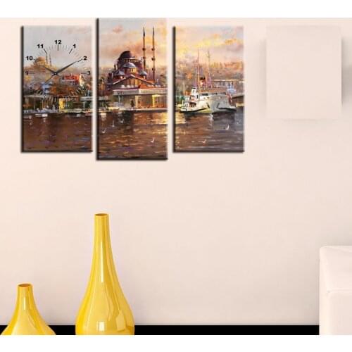 3 PCS With Clock Turkey Istanbul Landscape Painting Canvas Table 81X50 CM