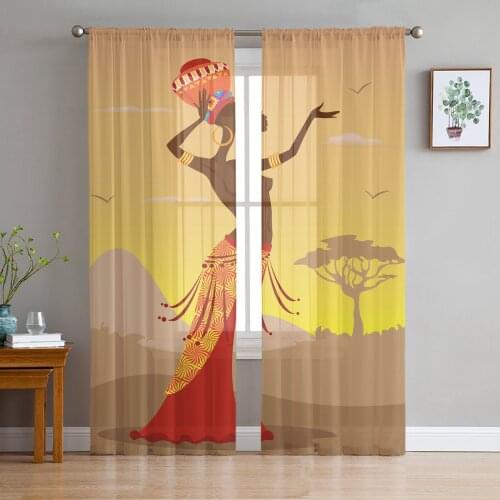 African Woman National Culture Ethnic Sheer Curtains for Living Room Kitchen Tulle for Windows Voile Yarn Curtains for Bedroom
