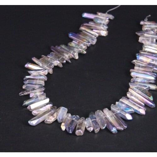 15.5"strand Polished Purple Gray Titanium Crystal Quartz Top Drilled Point Beads,Raw Crystal Stick Chips Pendants Jewelry Making
