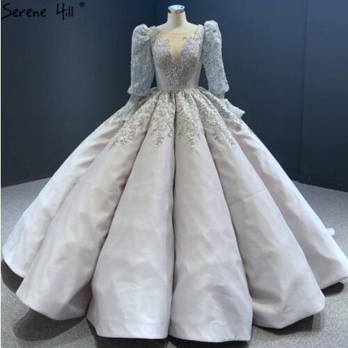 Dubai Grey Satin O-Neck Luxury Wedding Dresses Long Sleeves Pearls Beading Bridal Gowns Serene Hill 2021 HA2400