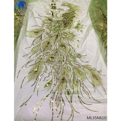 BEAUTIFICAL lemon green sequins tulle lace 2019 new french fabric nigerian lace fabrics 5yards for party lace fabric ML35N61