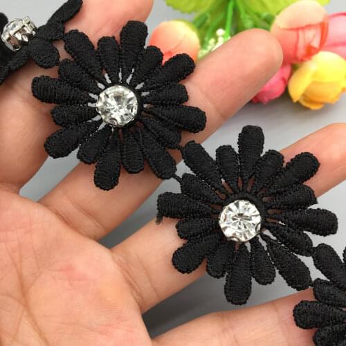20x Black 3D Daisy Flower Cotton Lace Trim Embroidered African Fabric Ribbon Applique DIY Wedding Dress Clothes Sewing Carft
