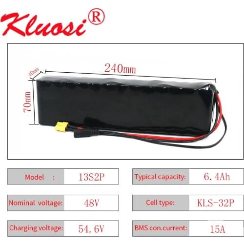 KLUOSI 48V 6.4Ah 6Ah 13S2P 500Watt 54.6V Lithium Battery Pack Built-in 15A BMS for Electric Bike Scooter Skateboard Bicycle Etc