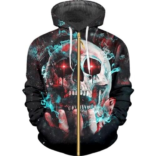 UJWI Man Horror Skull Red eyes Zip Hoodies Mens 3D Harajuku Oversized Zipper Tops Printed Cartoon Fitness Clothing