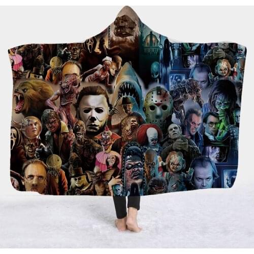 Horror Movie Character Hooded Blanket for Adult Gothic Halloween Killers Sherpa Fleece Wearable Throw Blanket Microfiber Bedding