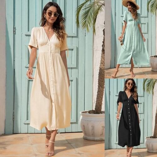 Hot Kf-Single Breasted Dress Women Casual V Neck Summer Dress Ladies Holiday Style High Waist A-Line Dresses