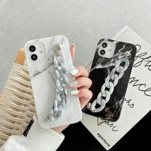 Luxury Black Marble Wrist Strap Phone Case for iPhone 12 11 Pro Max 7 8plus Xs Max Xr Soft IMD Silicone Back Cover